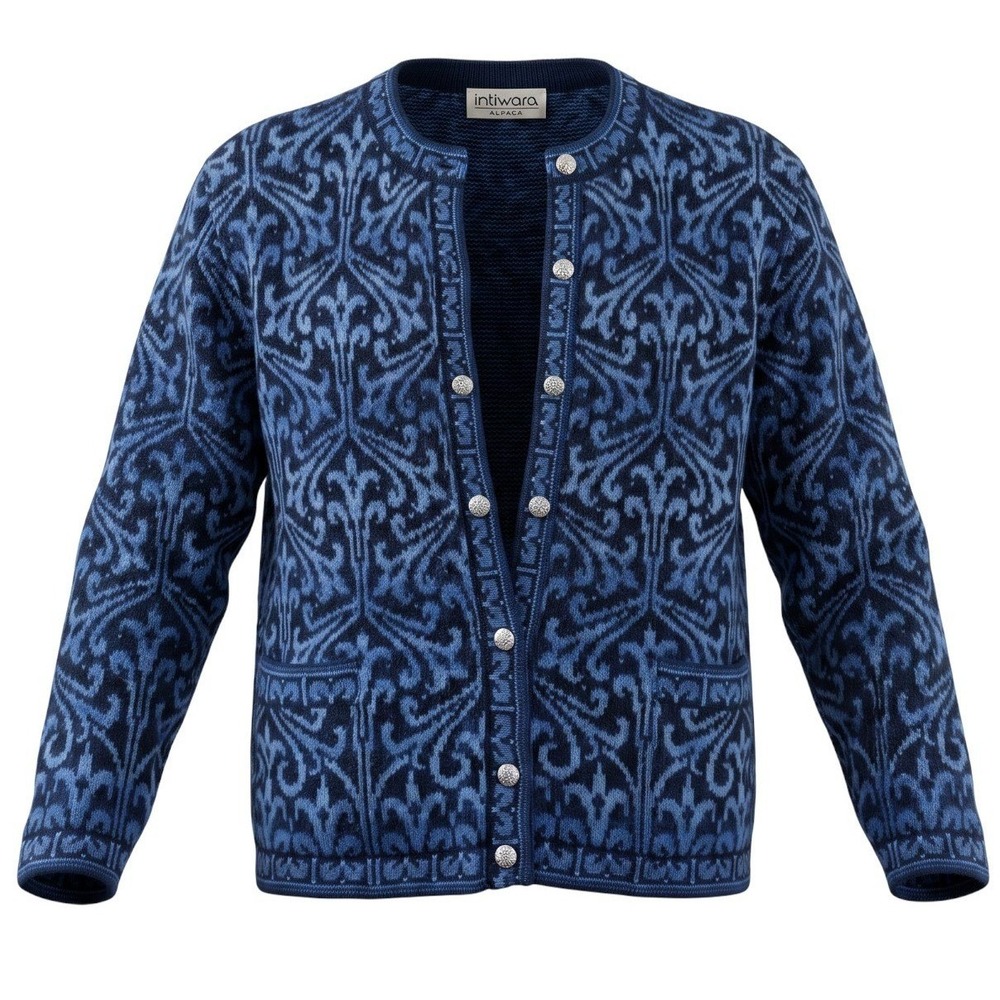 VTG Intiwara 100% Alpaca Blue Damask Jacquard Cardigan XL Hand Made Bolivia